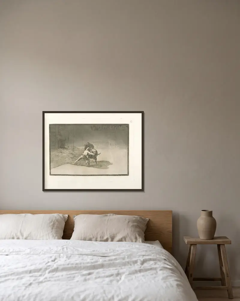 Den berömde Martincho sätter banderiller med en vrickning av Francisco de Goya inramad på en vägg
