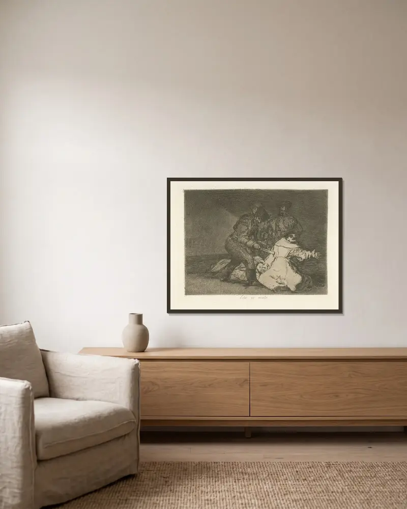 Esto es malo av Francisco de Goya inramad på en vägg
