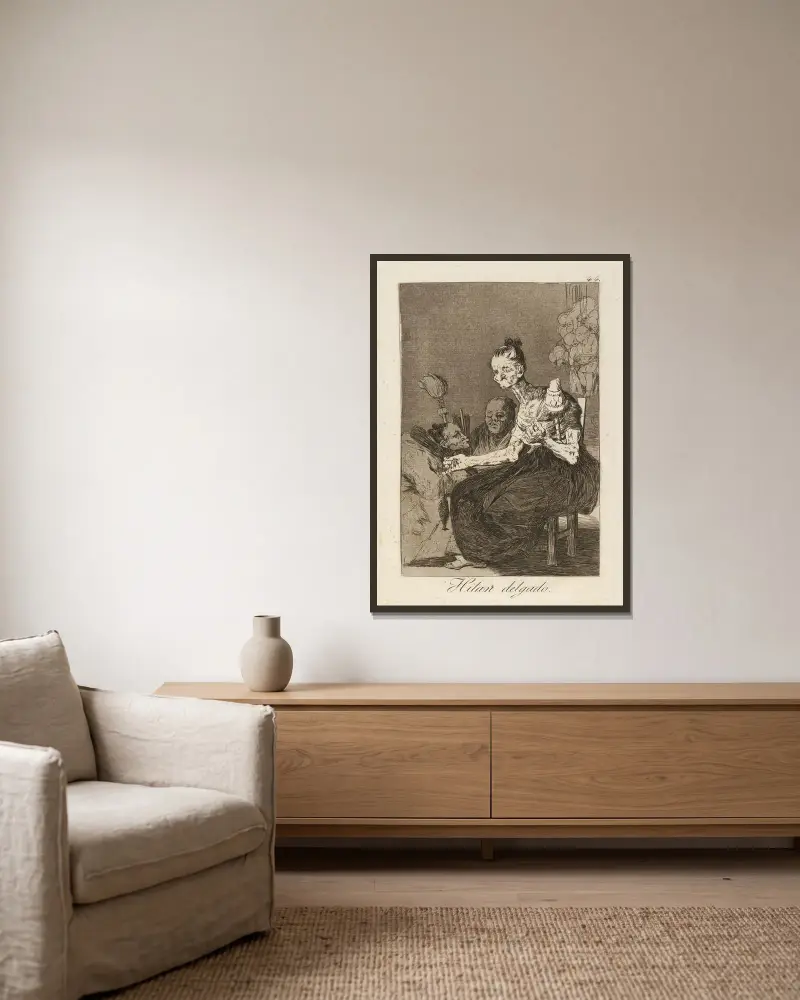 Hilan delgado. (Sie spinnen fein.) von Francisco de Goya gerahmt an einer Wand