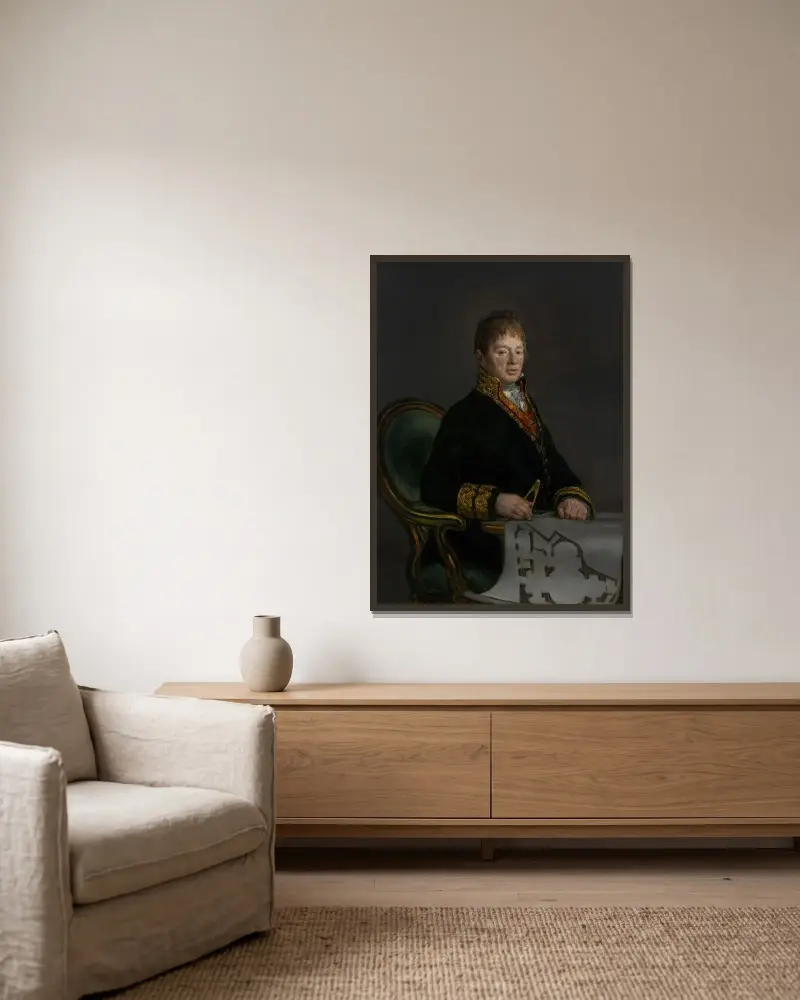 Porträtt av Don Juan Antonio Cuervo av Francisco de Goya inramad på en vägg