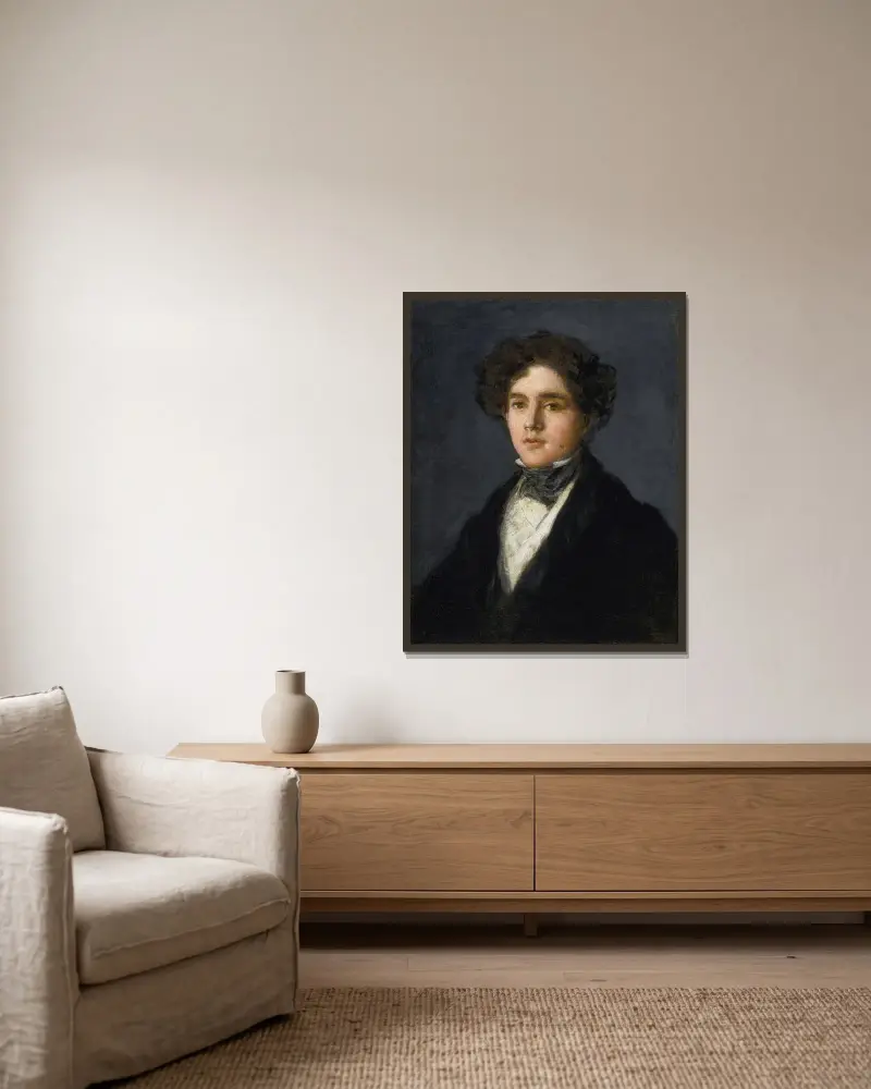 Porträtt av Mariano Goya, konstnärens sonson av Francisco de Goya inramad på en vägg