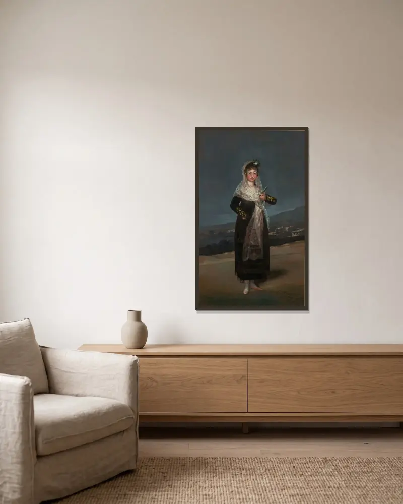 Porträtt av markisinnan de Santiago av Francisco de Goya inramad på en vägg