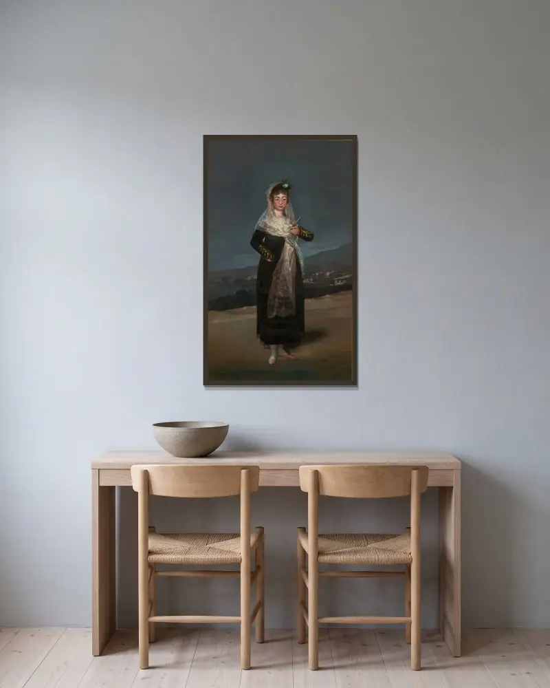 Porträtt av markisinnan de Santiago av Francisco de Goya inramad på en vägg