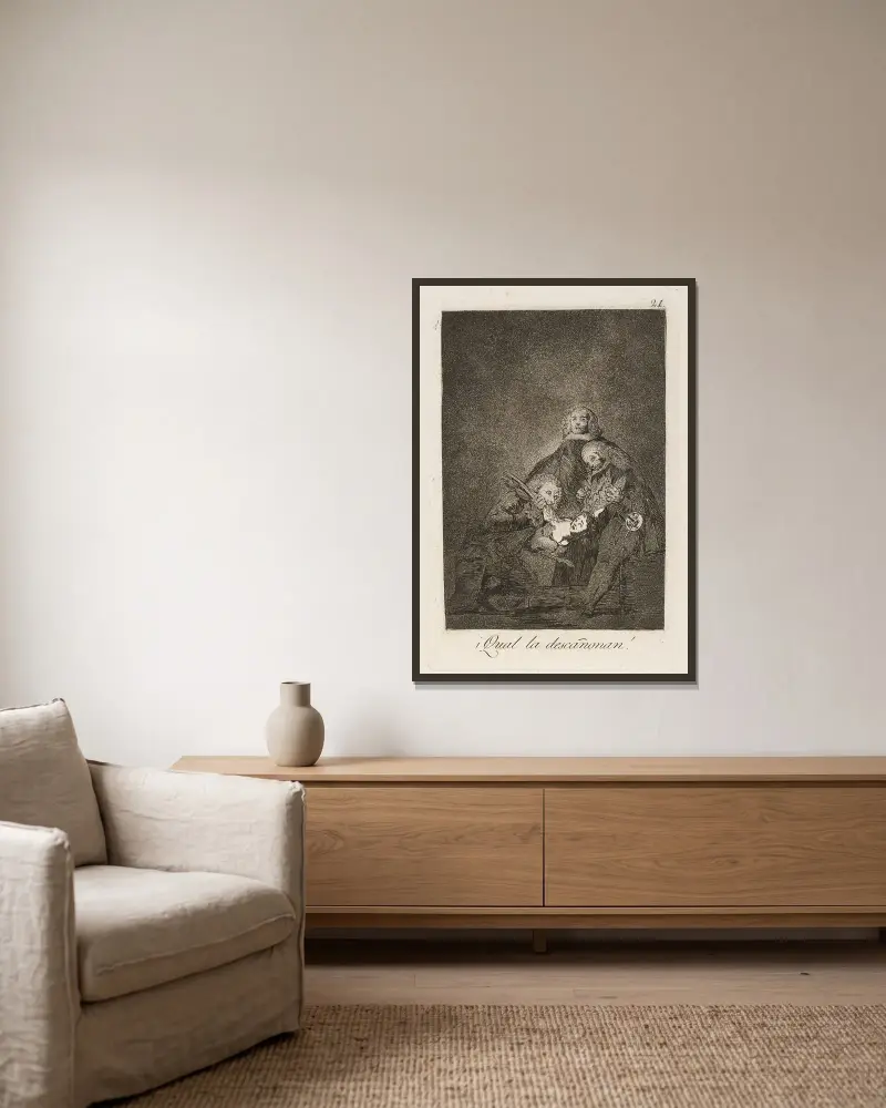Qual la descañonan! von Francisco de Goya gerahmt an einer Wand