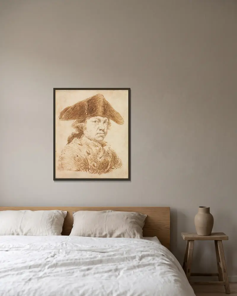 Selbstbildnis mit Dreispitz von Francisco de Goya gerahmt an einer Wand