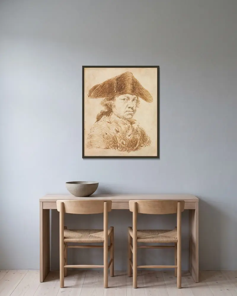 Selbstbildnis mit Dreispitz von Francisco de Goya gerahmt an einer Wand