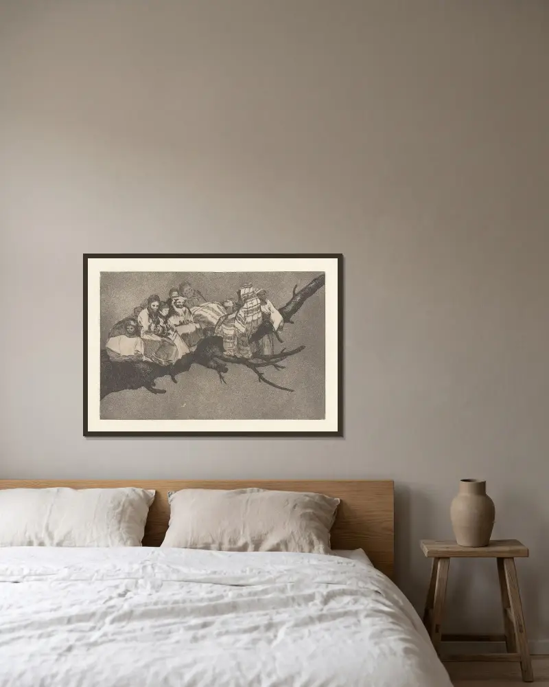 Att gå bland grenarna, dvs. att prata i nattmössan [Löjlig dårskap] av Francisco de Goya inramad på en vägg