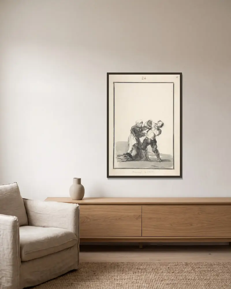 ’Du får se senare’; en man som dricker, en kvinna som försöker stoppa honom av Francisco de Goya inramad på en vägg