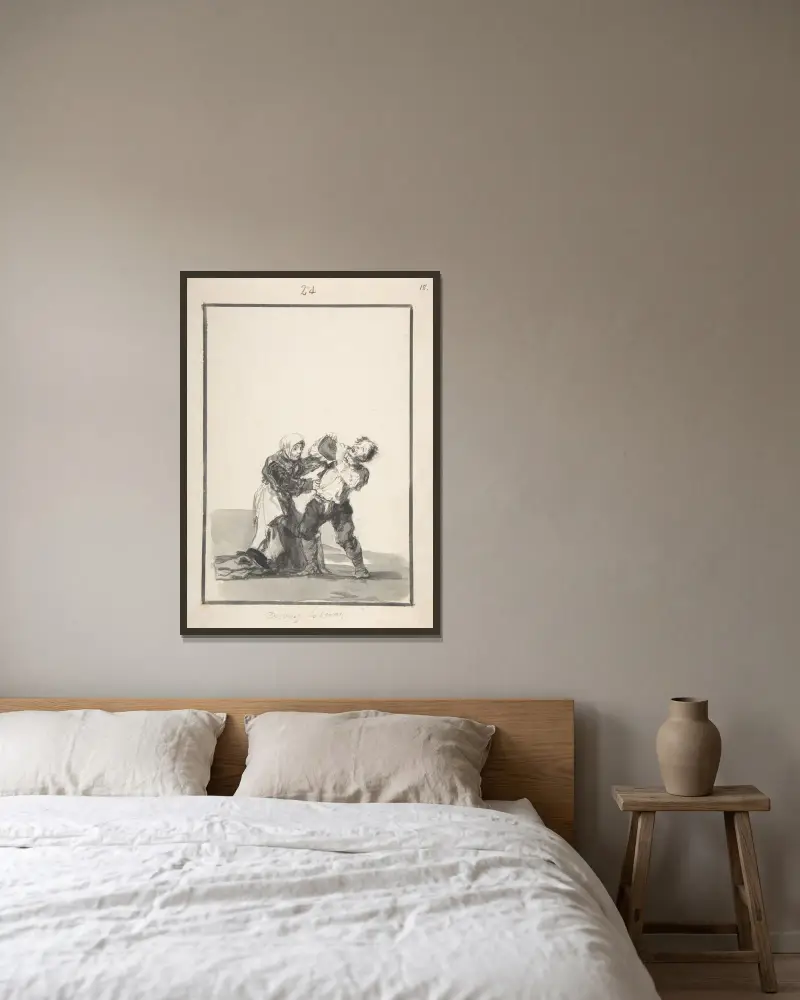 ’Du får se senare’; en man som dricker, en kvinna som försöker stoppa honom av Francisco de Goya inramad på en vägg