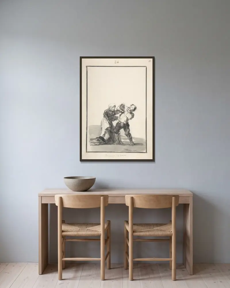 ’Du får se senare’; en man som dricker, en kvinna som försöker stoppa honom av Francisco de Goya inramad på en vägg