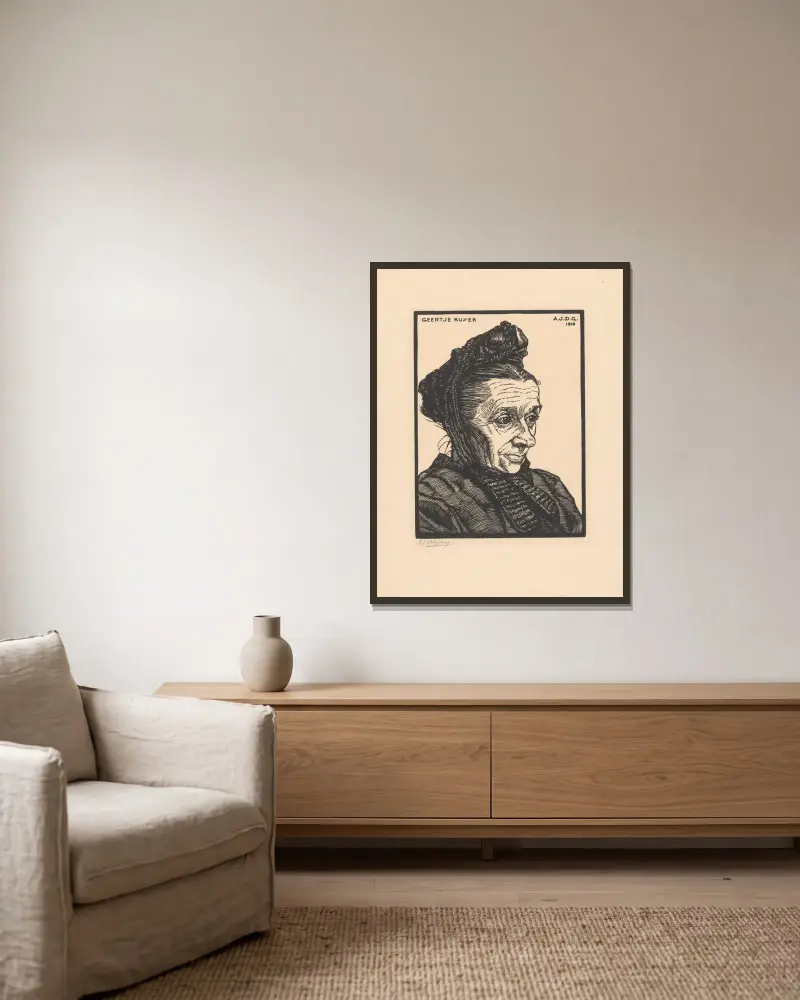 Porträtt av Geertje Kuijer av Julie de Graag inramad på en vägg