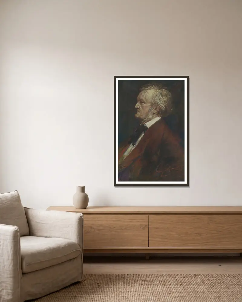 Porträtt av tonsättaren Richard Wagner av Henry de Groux inramad på en vägg
