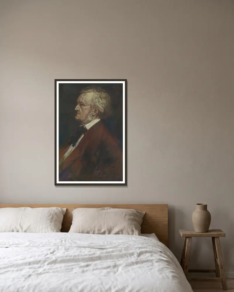 Porträtt av tonsättaren Richard Wagner av Henry de Groux inramad på en vägg