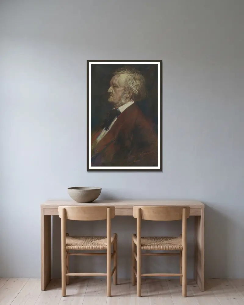 Porträtt av tonsättaren Richard Wagner av Henry de Groux inramad på en vägg