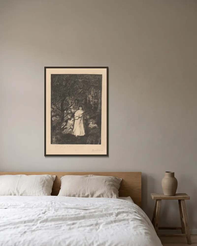 Frau mit Gitarre in einem Wald mit Figuren von Henry de Groux gerahmt an einer Wand
