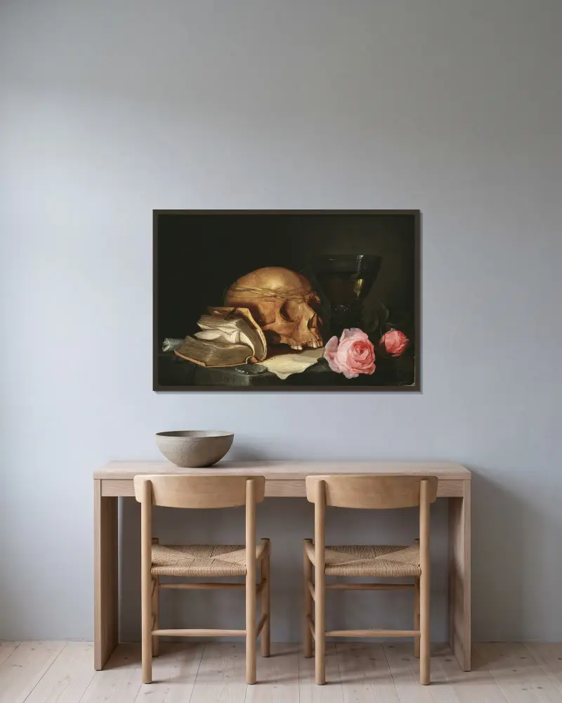 Vanitasstilleben med dödskalle, bok och rosor av Jan Davidsz de Heem inramad på en vägg