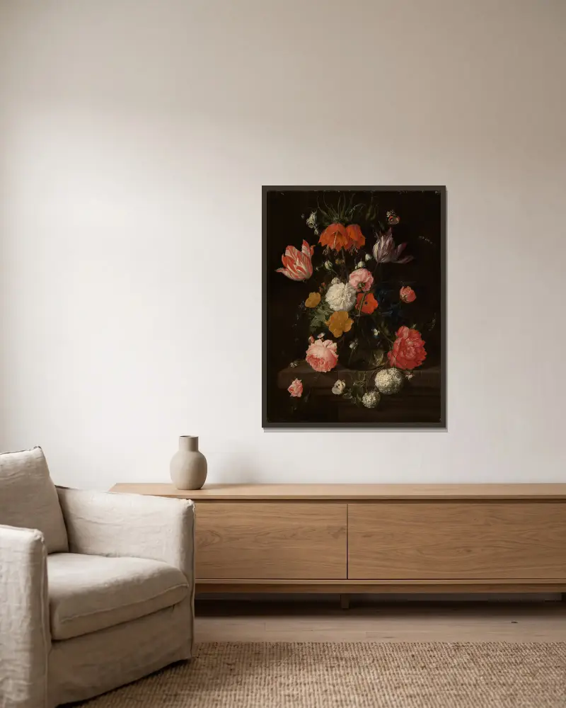 Blumenstrauß av Cornelis de Heem inramad på en vägg