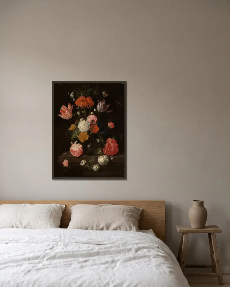 Blumenstrauß av Cornelis de Heem inramad på en vägg