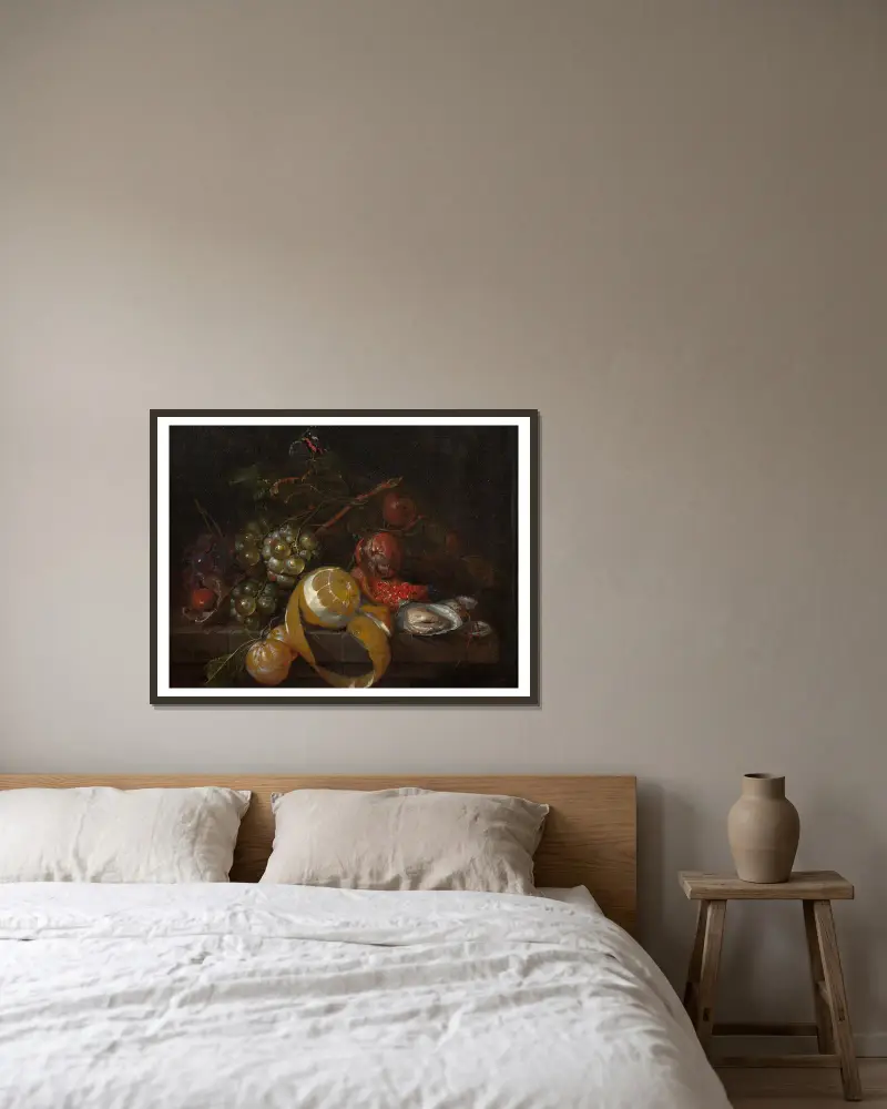 Zátiší s citronem, hrozny a ústřicemi, Cornelis de Heem v rámu na stěně
