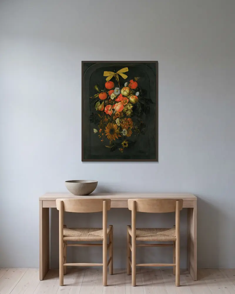 Girlande mit Blumen und Früchten von Cornelis de Heem gerahmt an einer Wand