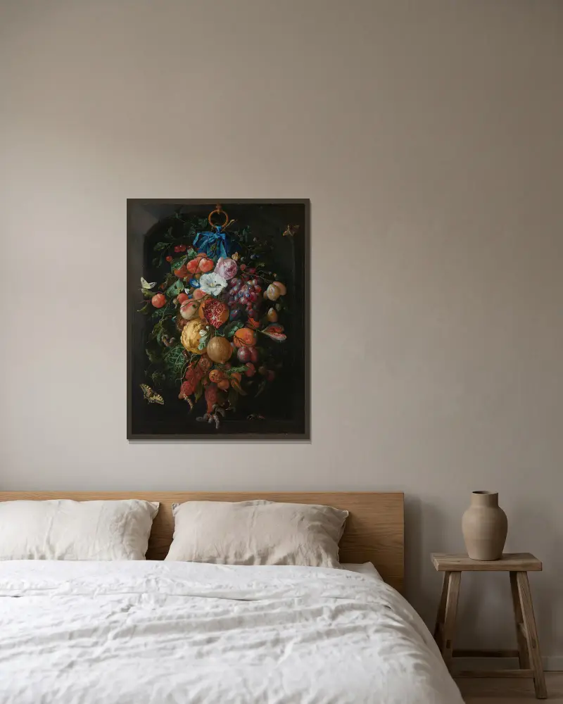 Festong aus Früchten und Blumen von Jan Davidsz de Heem gerahmt an einer Wand