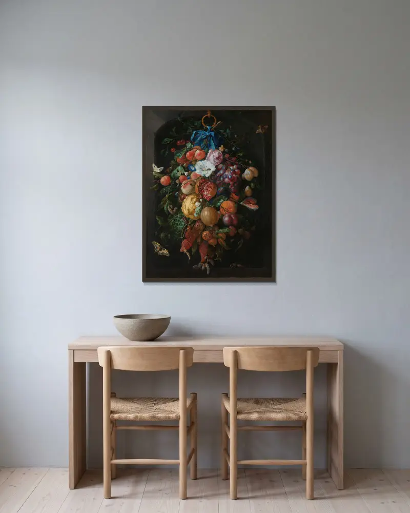 Festong aus Früchten und Blumen von Jan Davidsz de Heem gerahmt an einer Wand