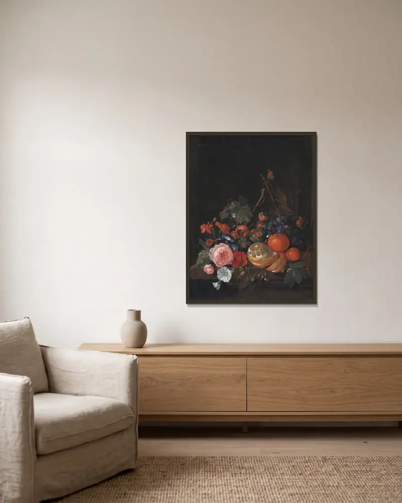 Flowers And Fruit av Jan Davidsz de Heem inramad på en vägg