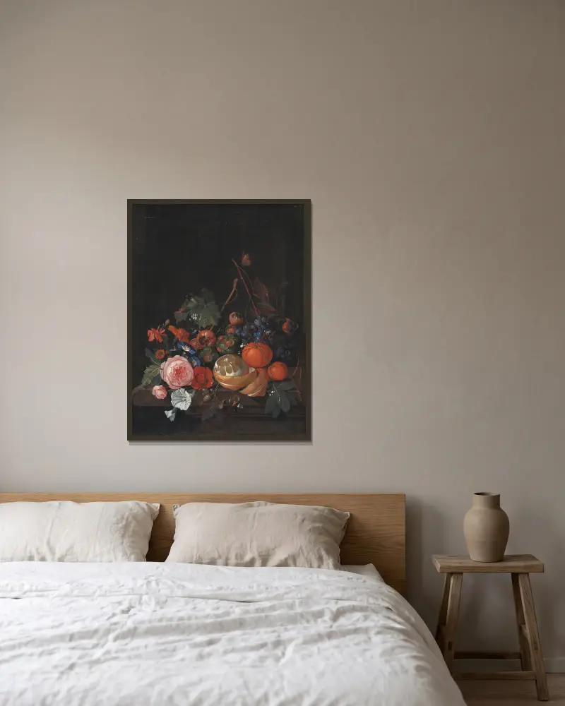 Flowers And Fruit av Jan Davidsz de Heem inramad på en vägg