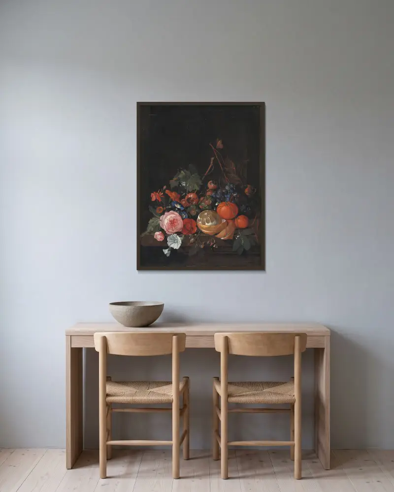 Flowers And Fruit av Jan Davidsz de Heem inramad på en vägg