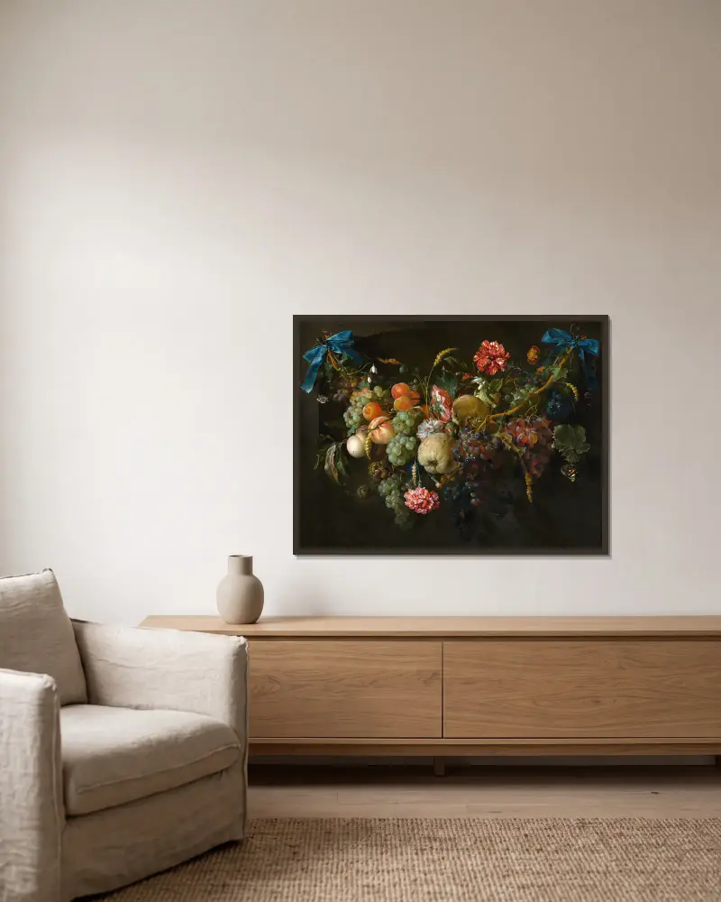 Frucht- und Blumenkranz von Jan Davidsz de Heem gerahmt an einer Wand