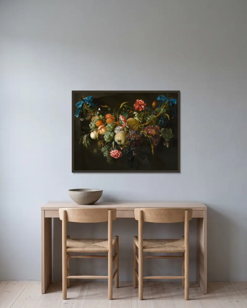 Frucht- und Blumenkranz von Jan Davidsz de Heem gerahmt an einer Wand