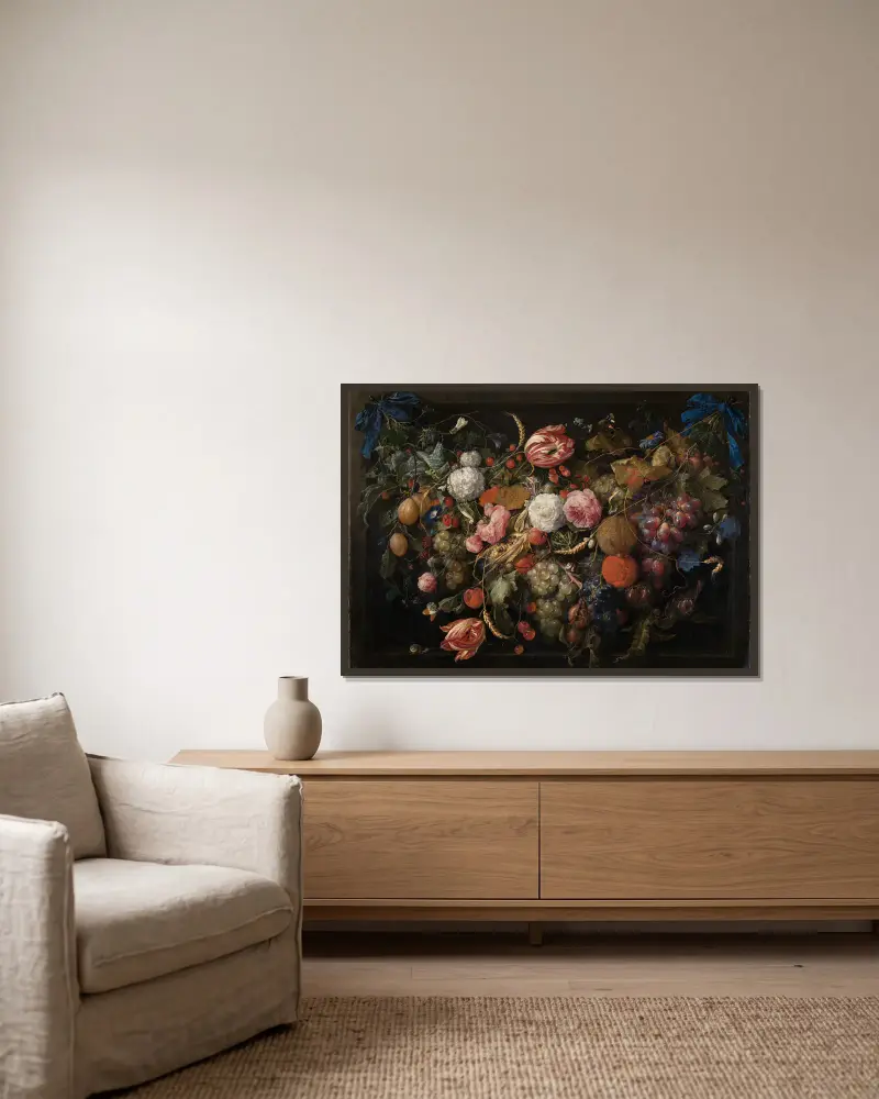 Girland med blommor och frukter av Jan Davidsz de Heem inramad på en vägg