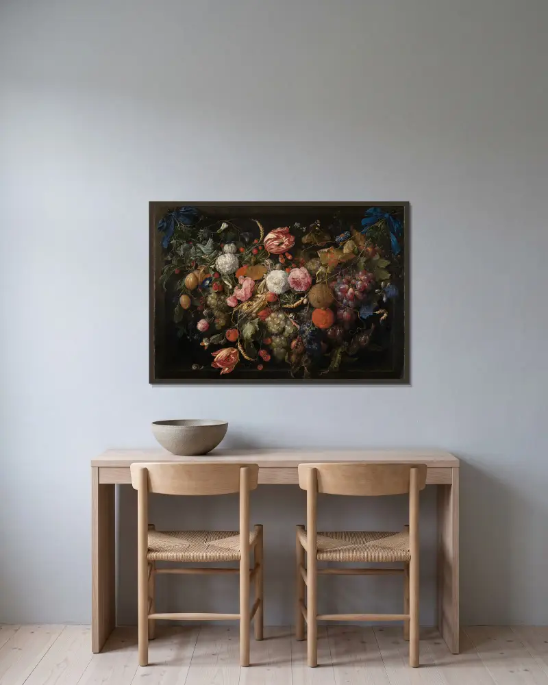 Girland med blommor och frukter av Jan Davidsz de Heem inramad på en vägg