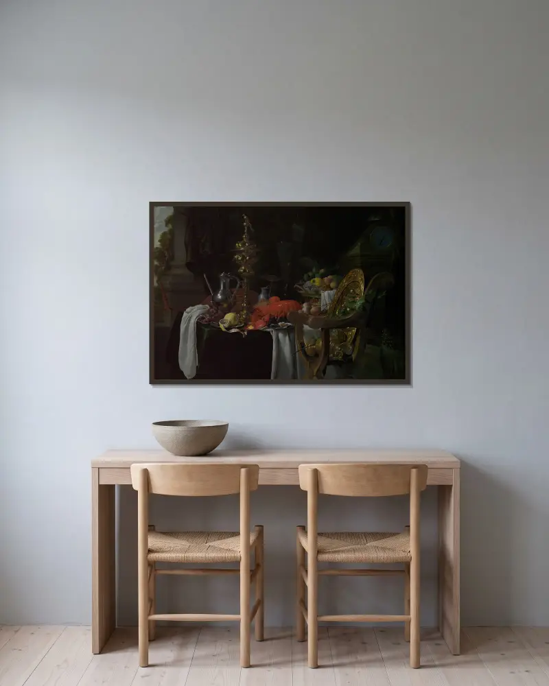 Stillleben; eine Bankettszene von Jan Davidsz de Heem gerahmt an einer Wand