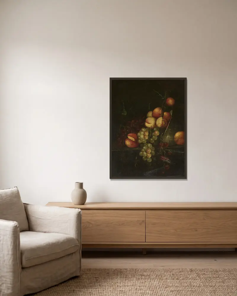 Stillleben – Äpfel und Trauben von Cornelis de Heem gerahmt an einer Wand