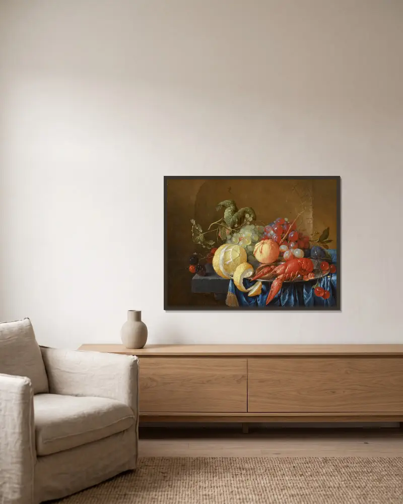 Stillleben mit einem Flusskrebs auf einem Zinnteller von Cornelis de Heem gerahmt an einer Wand