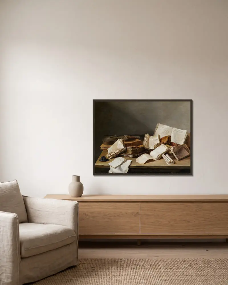 Stilleben med böcker och violin av Jan Davidsz de Heem inramad på en vägg