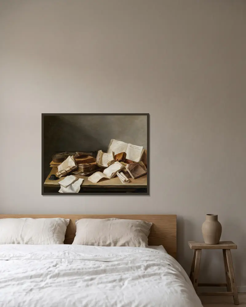 Stilleben med böcker och violin av Jan Davidsz de Heem inramad på en vägg