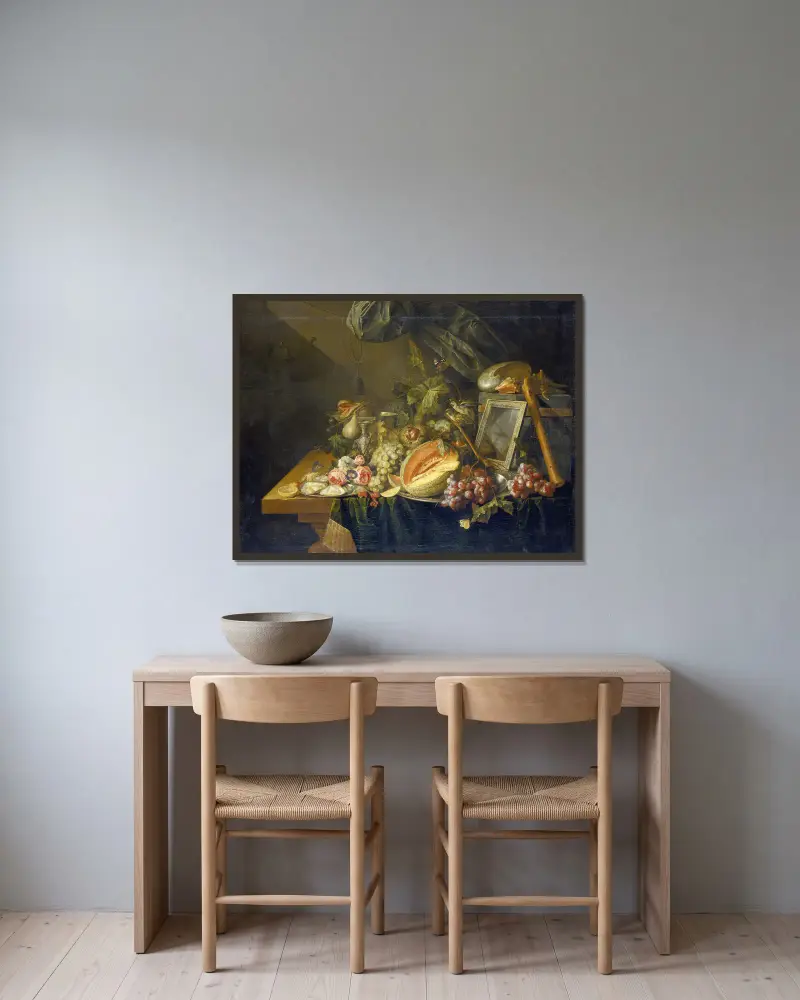 Still Life With Copulating Sparrows av Cornelis de Heem inramad på en vägg