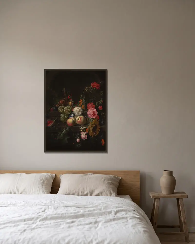Still Life with Flowers and Fruit – nr 1 av Cornelis de Heem inramad på en vägg