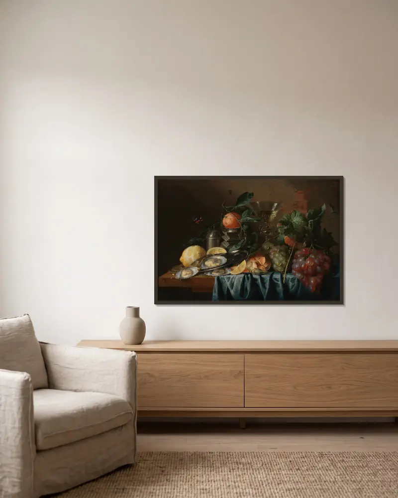 Stilleben med ostron och druvor av Jan Davidsz de Heem inramad på en vägg