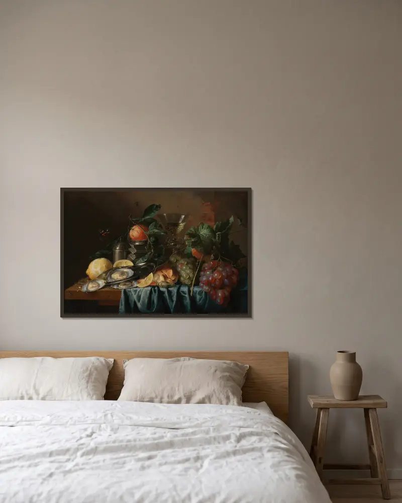 Stilleben med ostron och druvor av Jan Davidsz de Heem inramad på en vägg