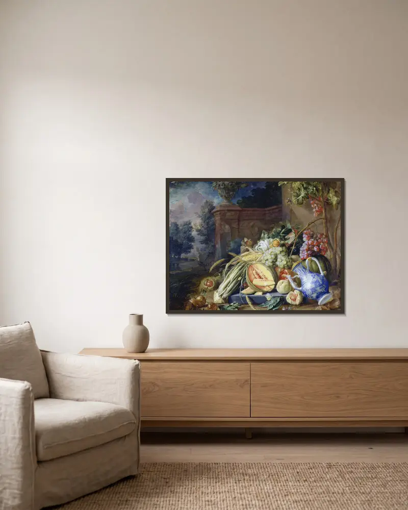 Stilleben med grönsaker och frukt framför en trädgårdsbalustrad av Cornelis de Heem inramad på en vägg
