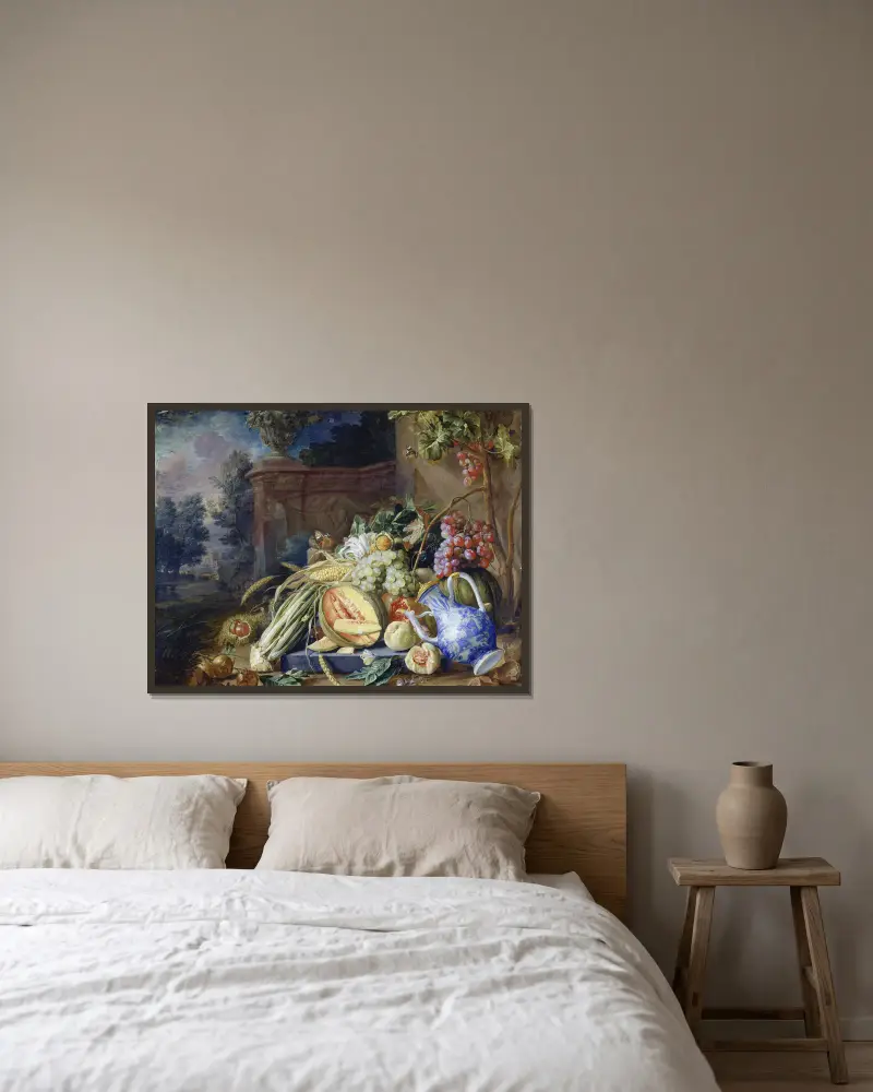 Stilleben med grönsaker och frukt framför en trädgårdsbalustrad av Cornelis de Heem inramad på en vägg