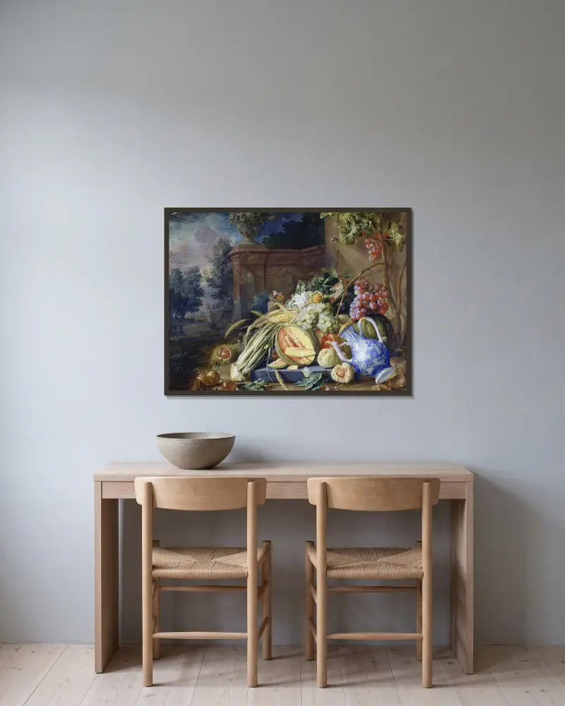 Stilleben med grönsaker och frukt framför en trädgårdsbalustrad av Cornelis de Heem inramad på en vägg