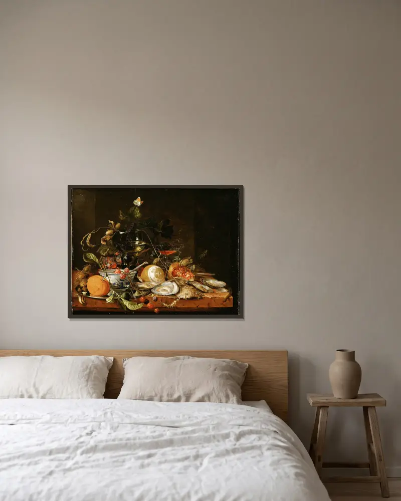 Stilleben med vin, frukt och ostron av Jan Davidsz de Heem inramad på en vägg