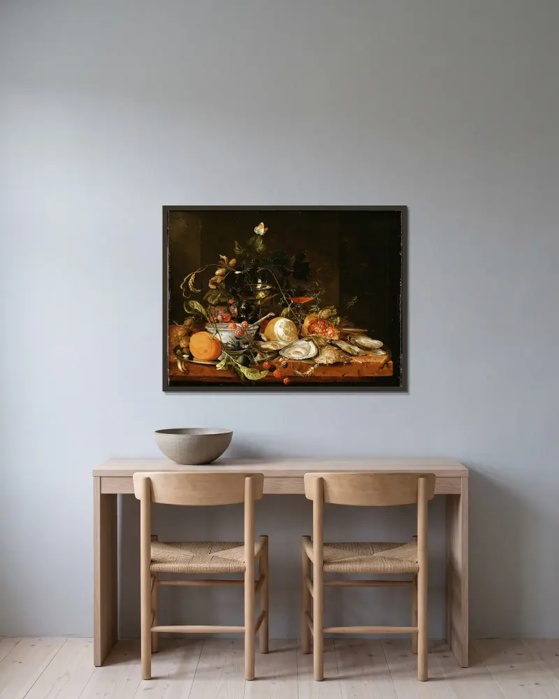 Stilleben med vin, frukt och ostron av Jan Davidsz de Heem inramad på en vägg