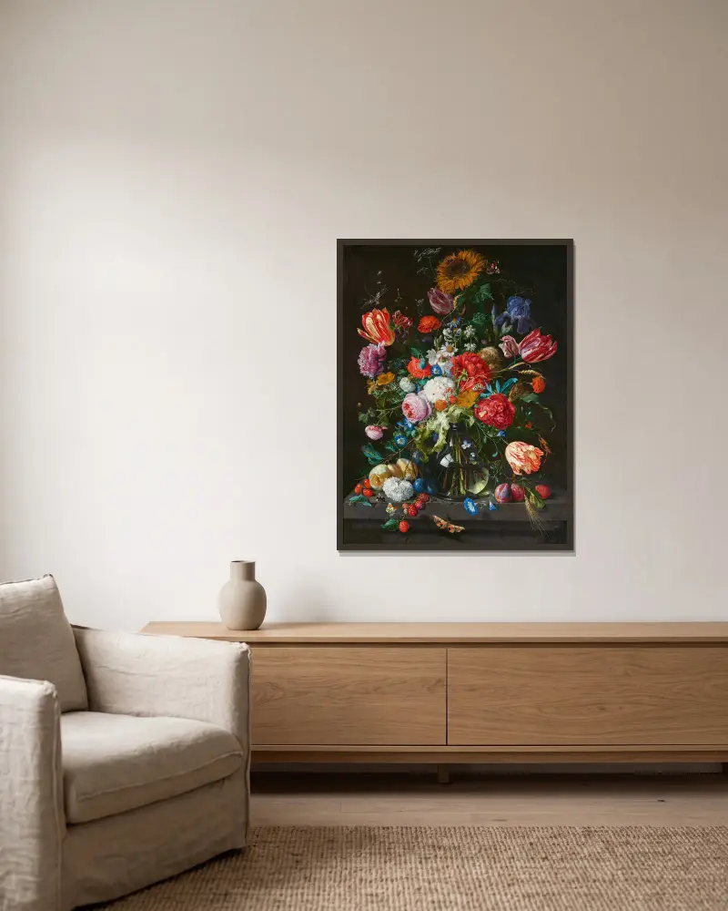 Stilleben med blommor och frukt på en stenkonsol av Jan Davidsz de Heem inramad på en vägg