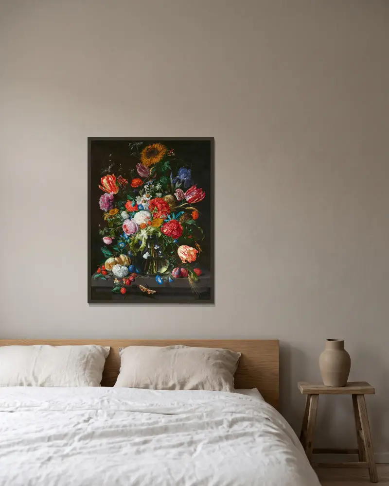 Stilleben med blommor och frukt på en stenkonsol av Jan Davidsz de Heem inramad på en vägg