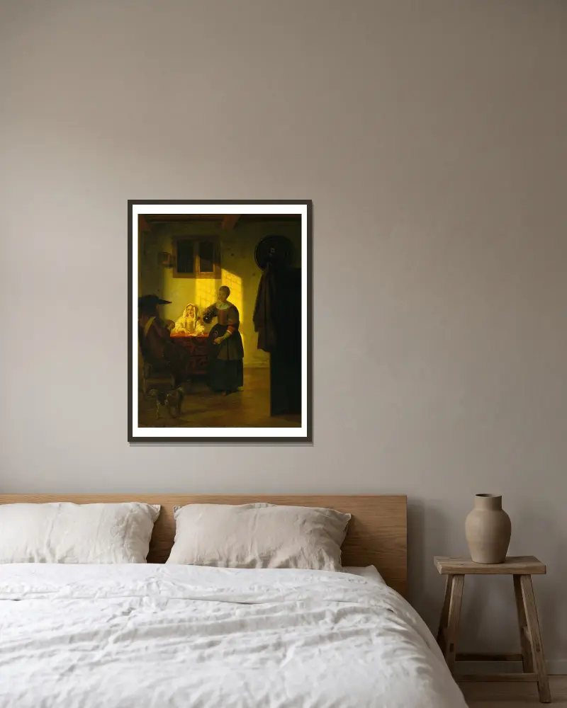 Par som spelar kort med tjänstekvinna av Pieter De Hooch inramad på en vägg